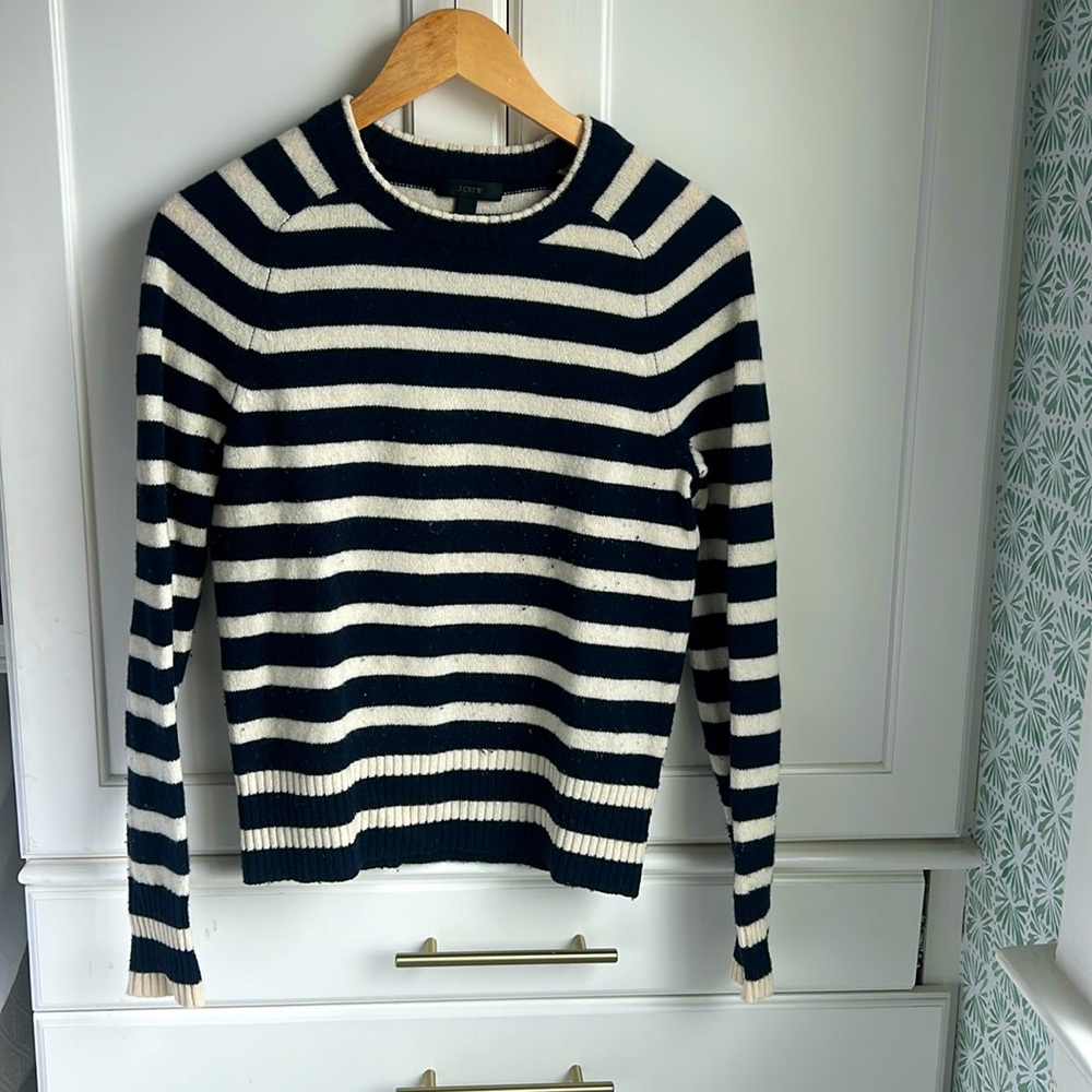 J. Crew Navy and Ivory Striped Sweater, 100% Wool